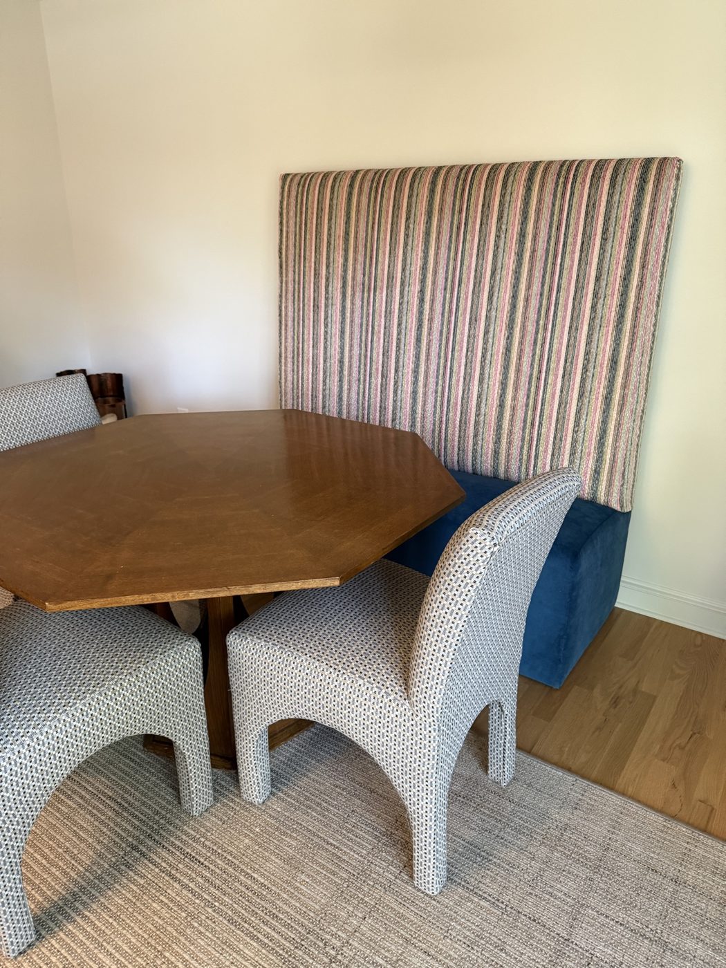 High-back striped dining banquette
