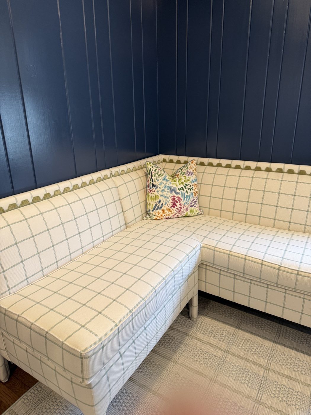 Navy-room plaid corner banquette