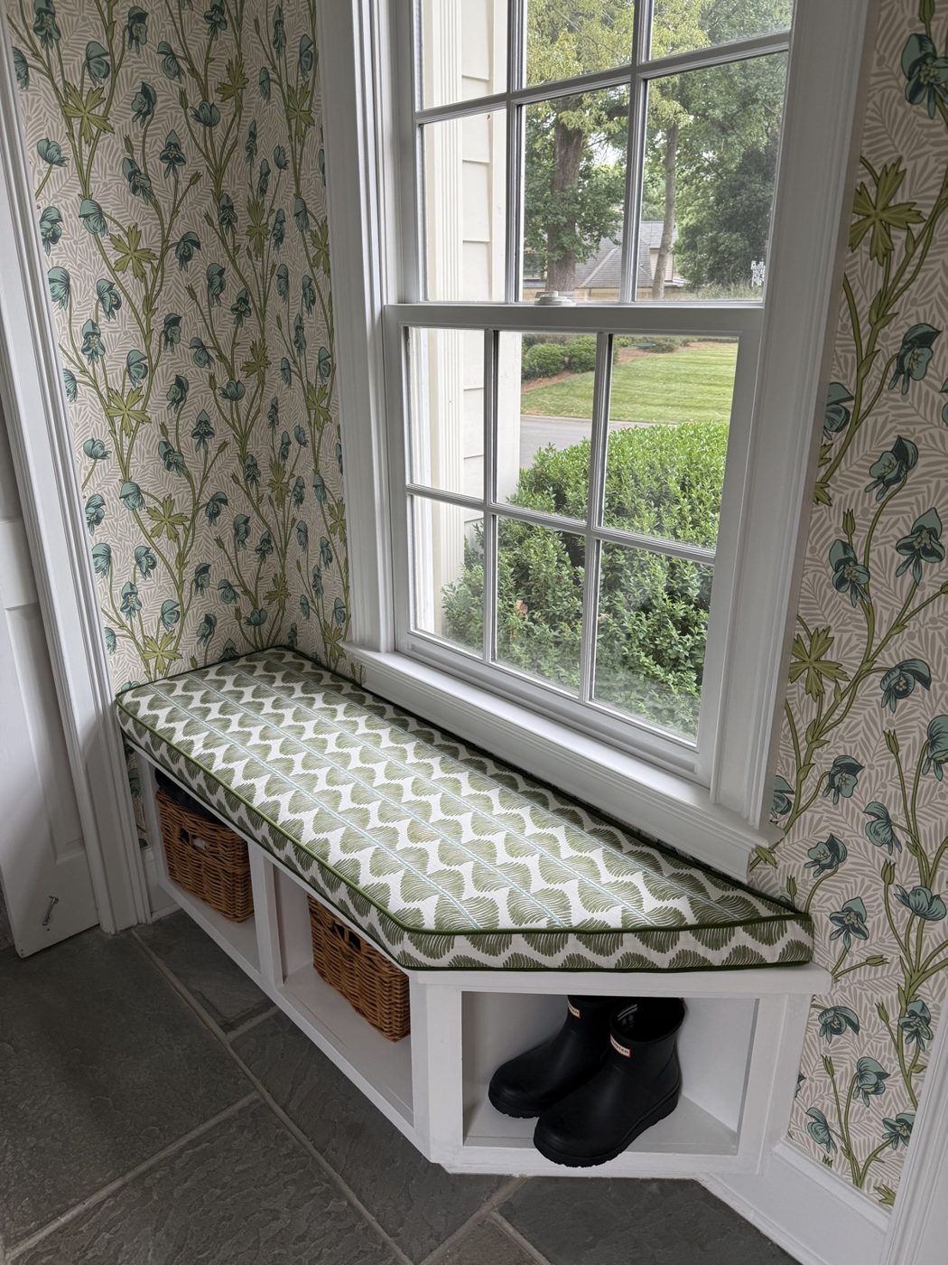 Window-seat cushion, green leaf print