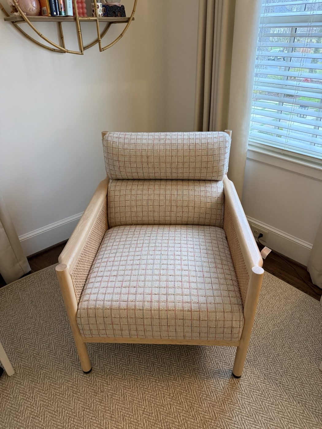 Cane-frame plaid armchair