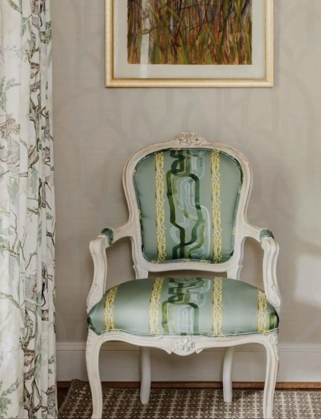 Green silk French chair