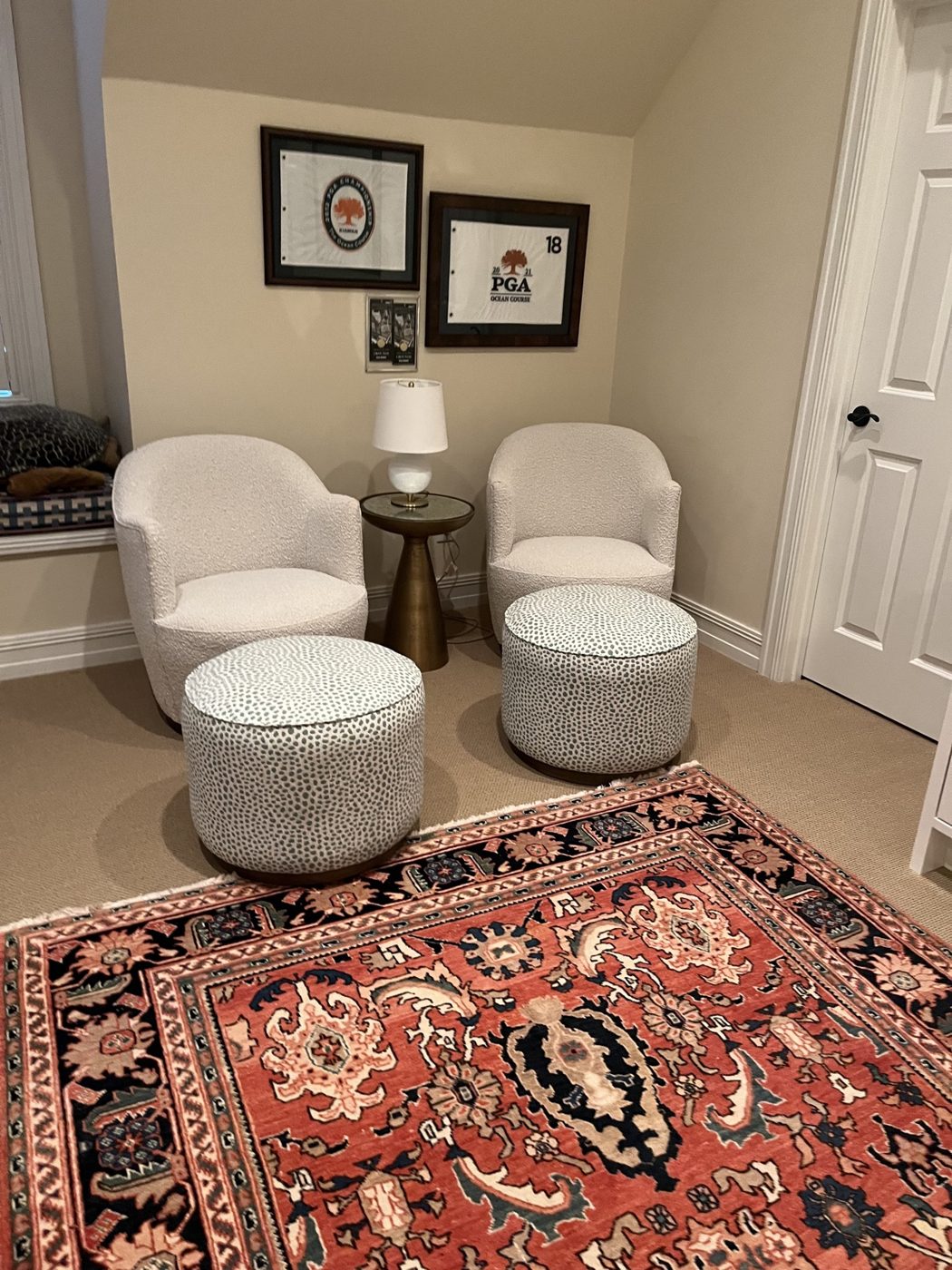 White swivel chairs + round ottomans