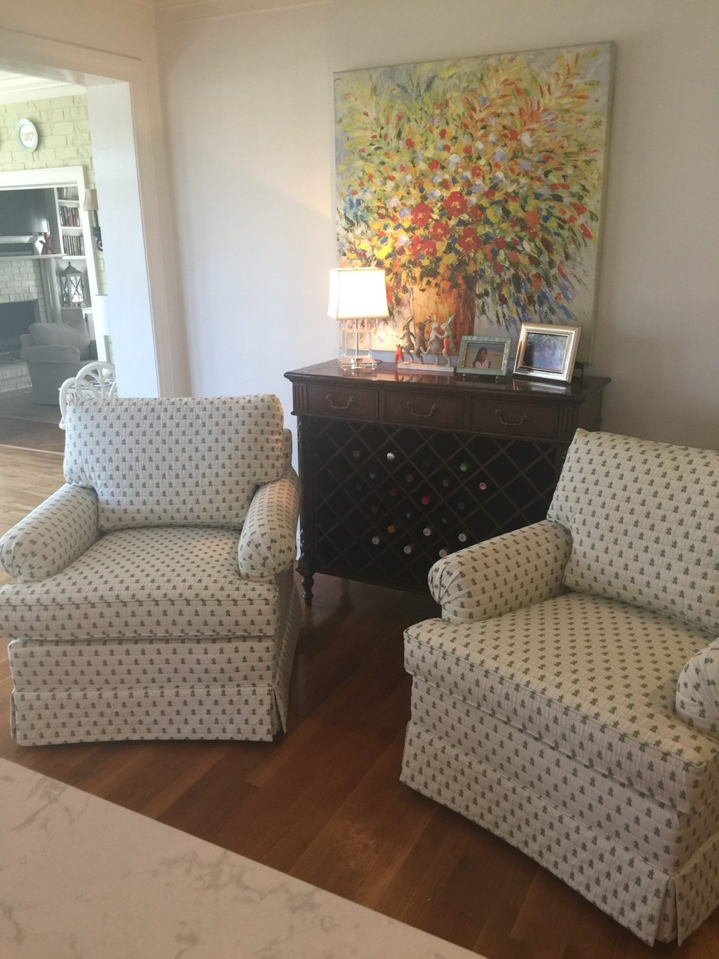 Pair of patterned swivel chairs
