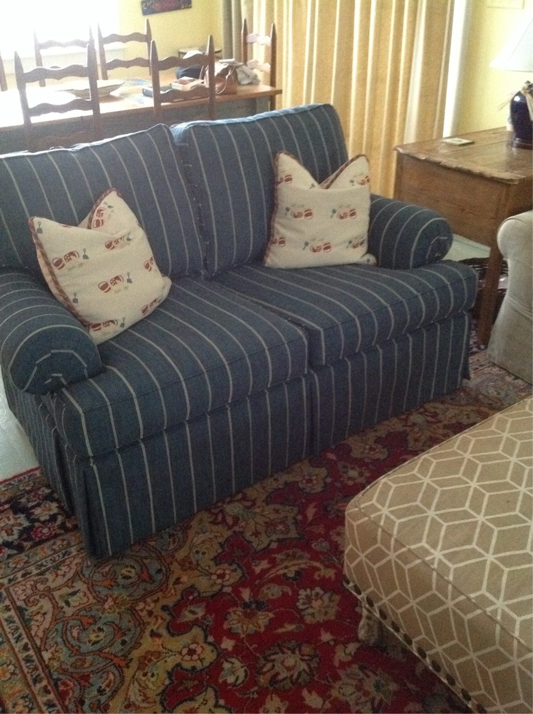 Navy pinstripe sofa