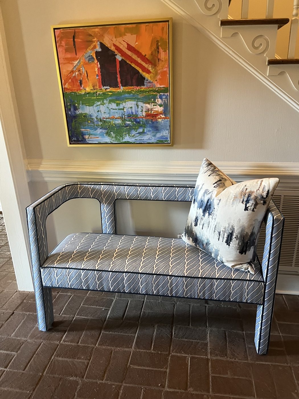 Blue patterned entry bench