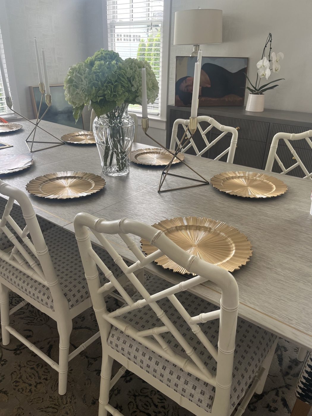 White Chippendale dining chairs