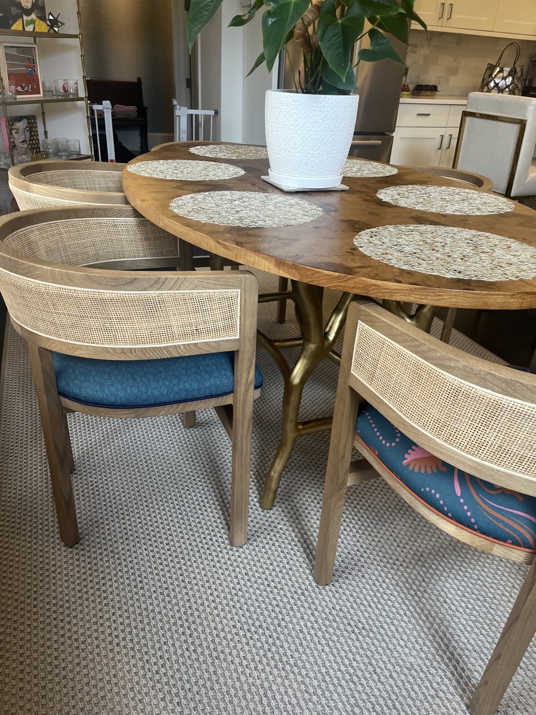Cane-back dining chairs with blue seats
