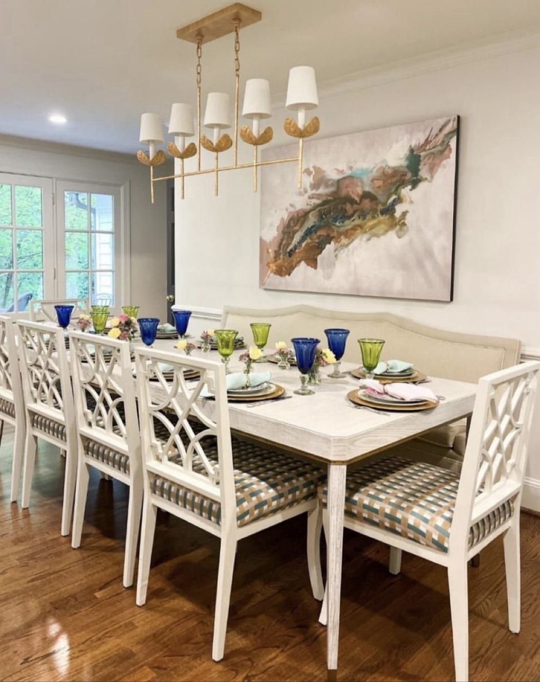 Formal dining room with plaid seats