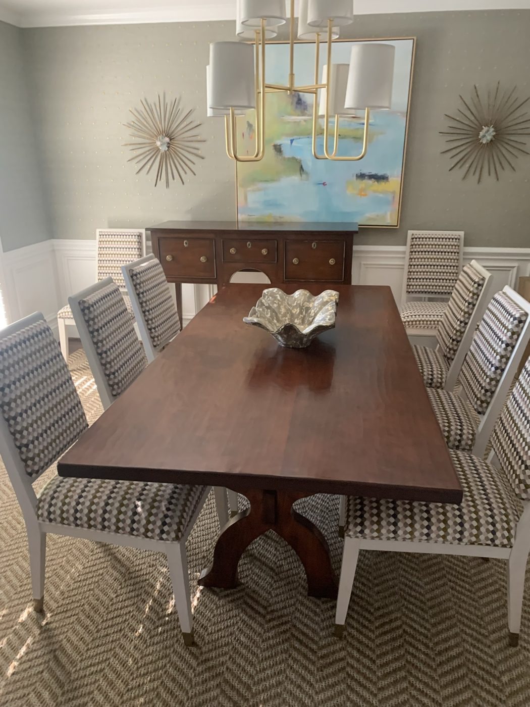 Dining room, patterned upholstered chairs