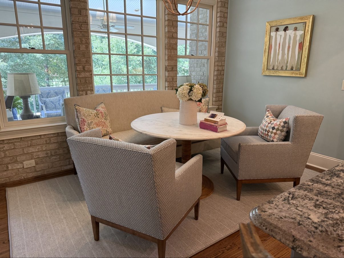 Sunroom settee + chairs with marble table