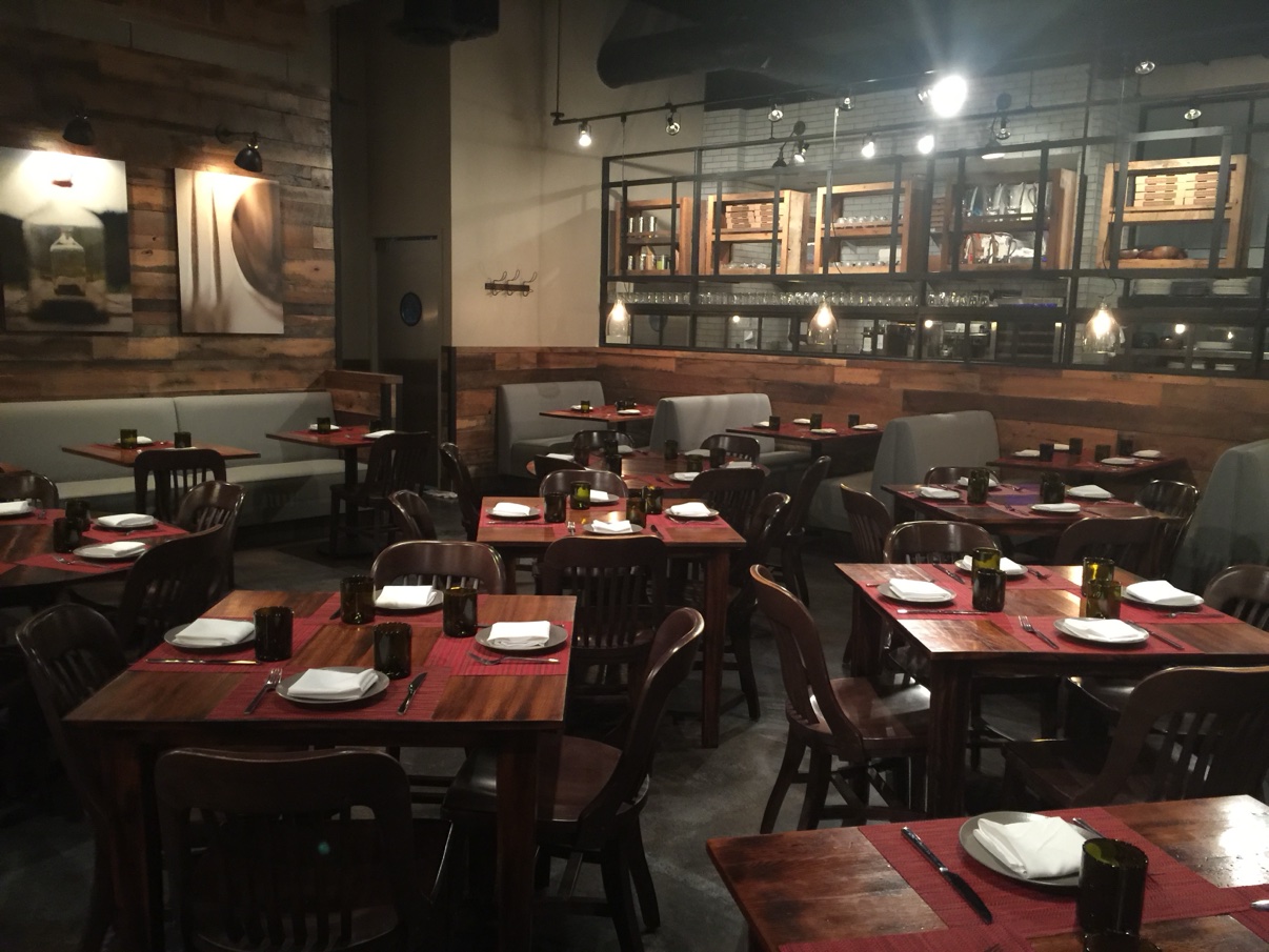 Restaurant dining room with upholstered banquettes